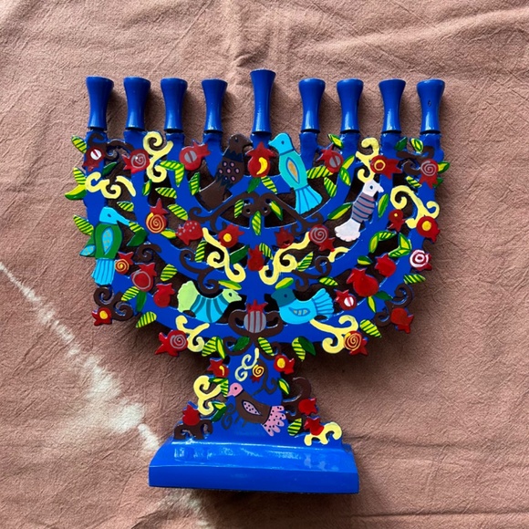 Laser Cut Hanukkah Menorah - Pomegranates + Birds, Cobalt Blue - Picture 7 of 10